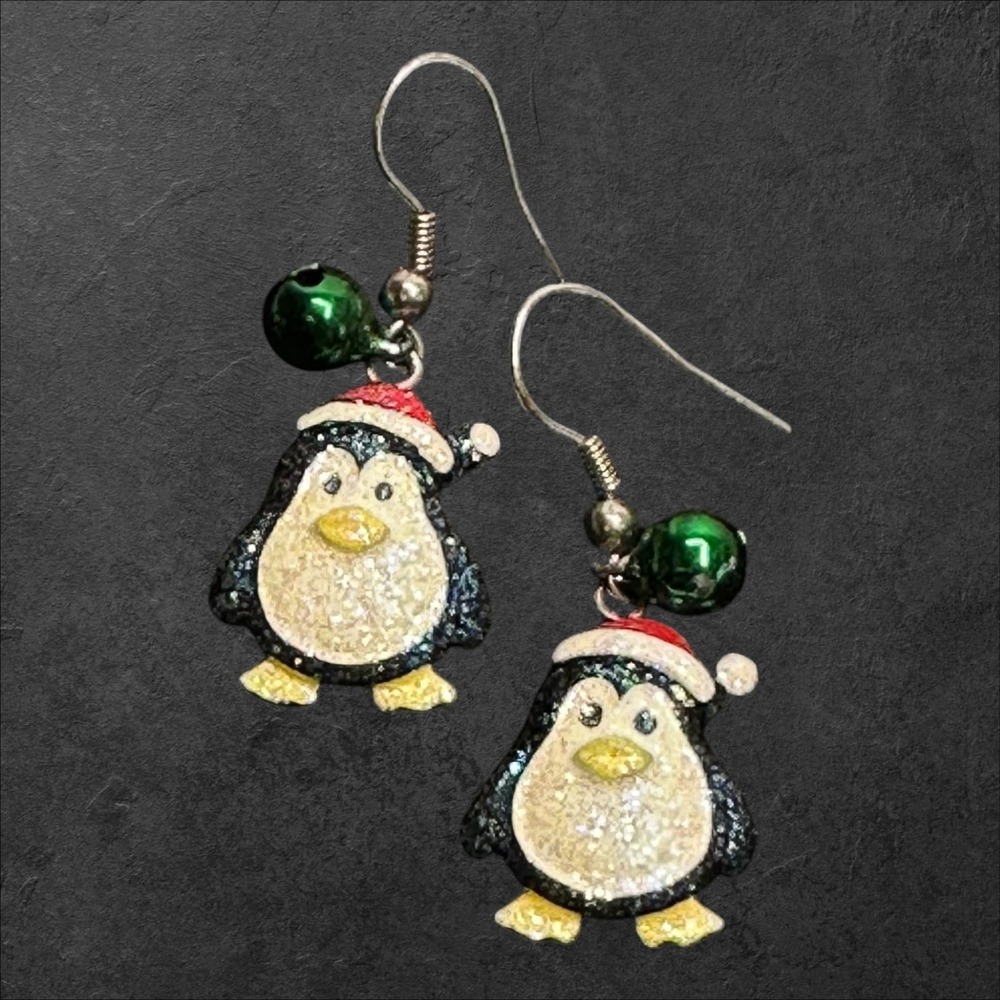 Christmas Penguin Dangle Earrings Santa Hat Green Bell Holiday Cute